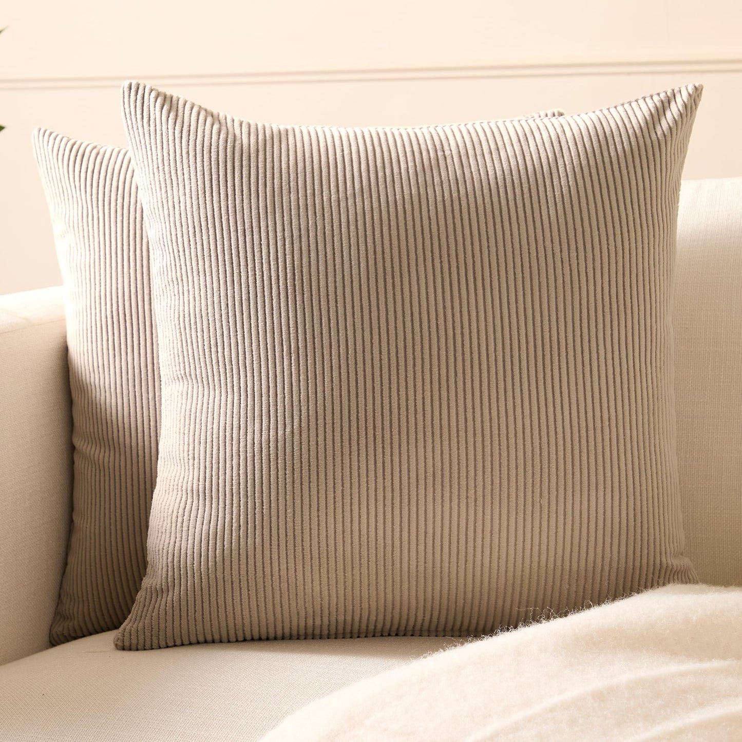Encasa XO Corduroy Throw Pillows Covers 18"x18", Set of 2 Soft Textured Striped Boho Pillow Covers | Decorative and Cozy Cushion Cases for Home Decor and Sofa Living Room (Light Taupe)