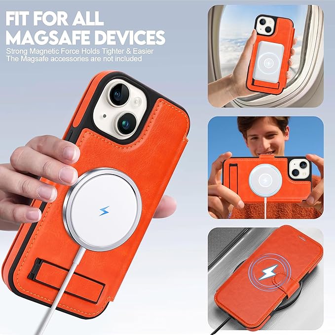 CIVICASE for iPhone 15 Wallet Case with Stand,PU Leather Flip Credit Card Holder Slots (RFID Blocking),Compatible with Magsafe Magnetic Holder Phone Cover Women Men, Orange