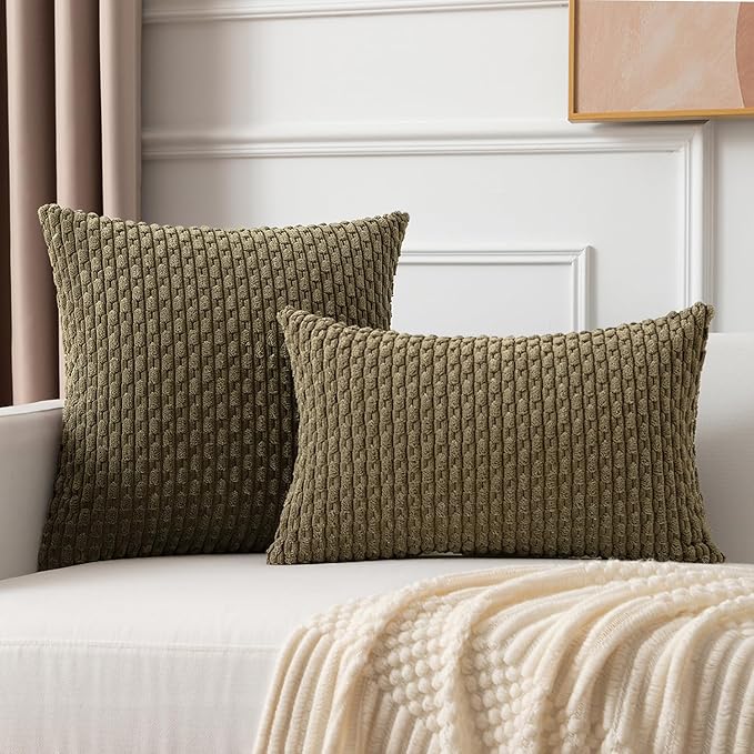 Kevin Textile Pack of 2 Corduroy Decorative Throw Pillow Covers 24x24 Inch Soft Boho Striped Pillow Covers Modern Farmhouse Home Decor for Sofa Living Room Couch Bed Olive Green