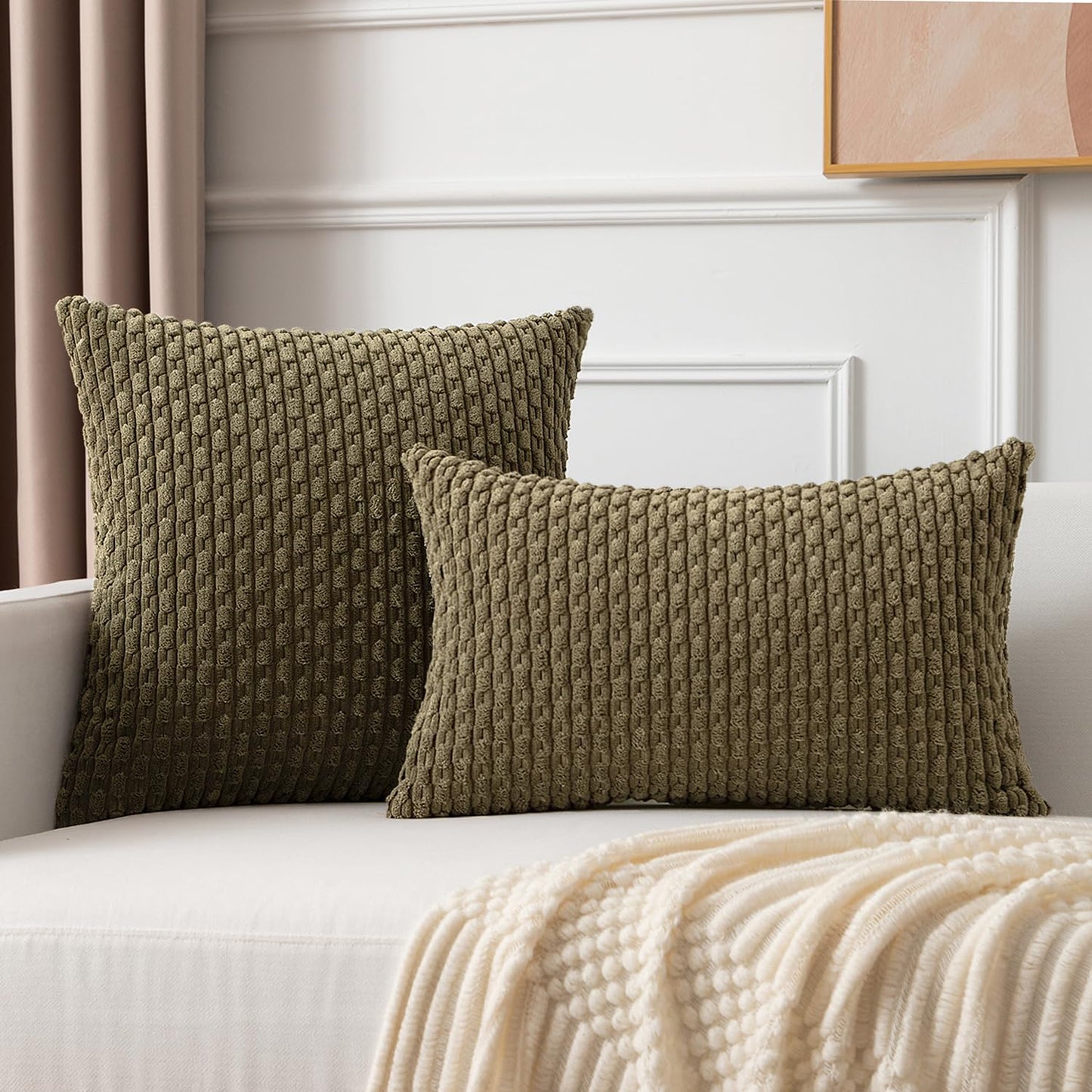 Kevin Textile Pack of 2 Corduroy Decorative Throw Pillow Covers 22x22 Inch Soft Boho Striped Pillow Covers Modern Farmhouse Home Decor for Spring Sofa Living Room Couch Bed Olive Green