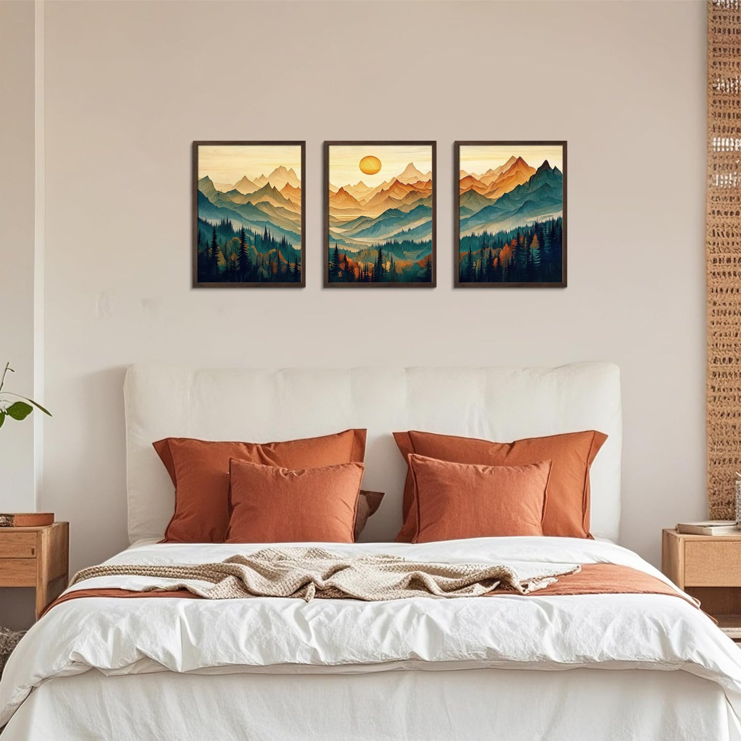 Framed Boho Wall Art Set of 3, Boho Wall Decor, Sunrise Mountain Canvas Prints for Living Room Decor, Large Forest Landscape Painting in Wood Frame, Pine Trees Picture for Bedroom Office 12x16 inch