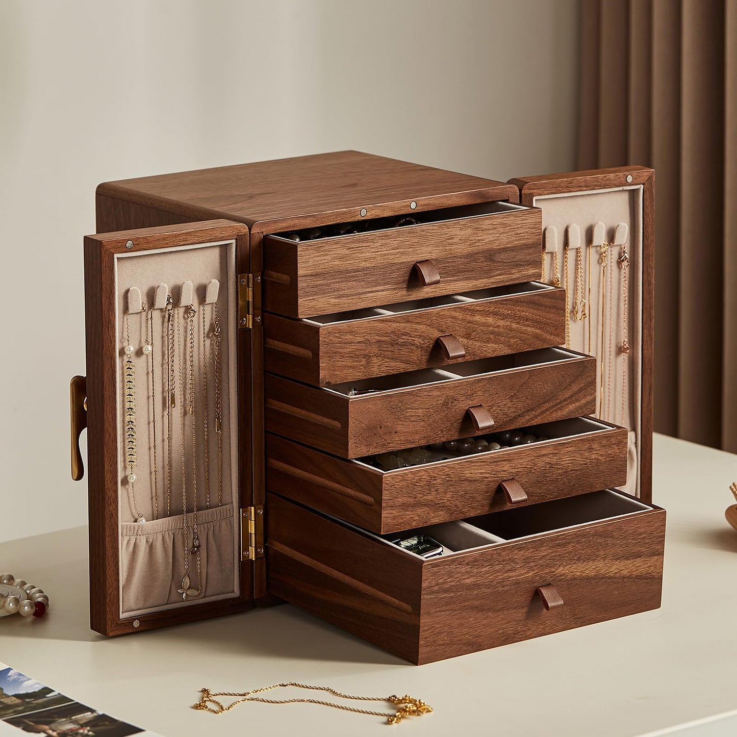 CHOSIN Black Walnut Wooden Jewelry Box 5 Layer Large Wood Jewelry Organizer Brass Handle for Necklaces Rings Earrings Watches Storage Monther, Ideal Gift for Her (7.9x8.7x10.0inches)