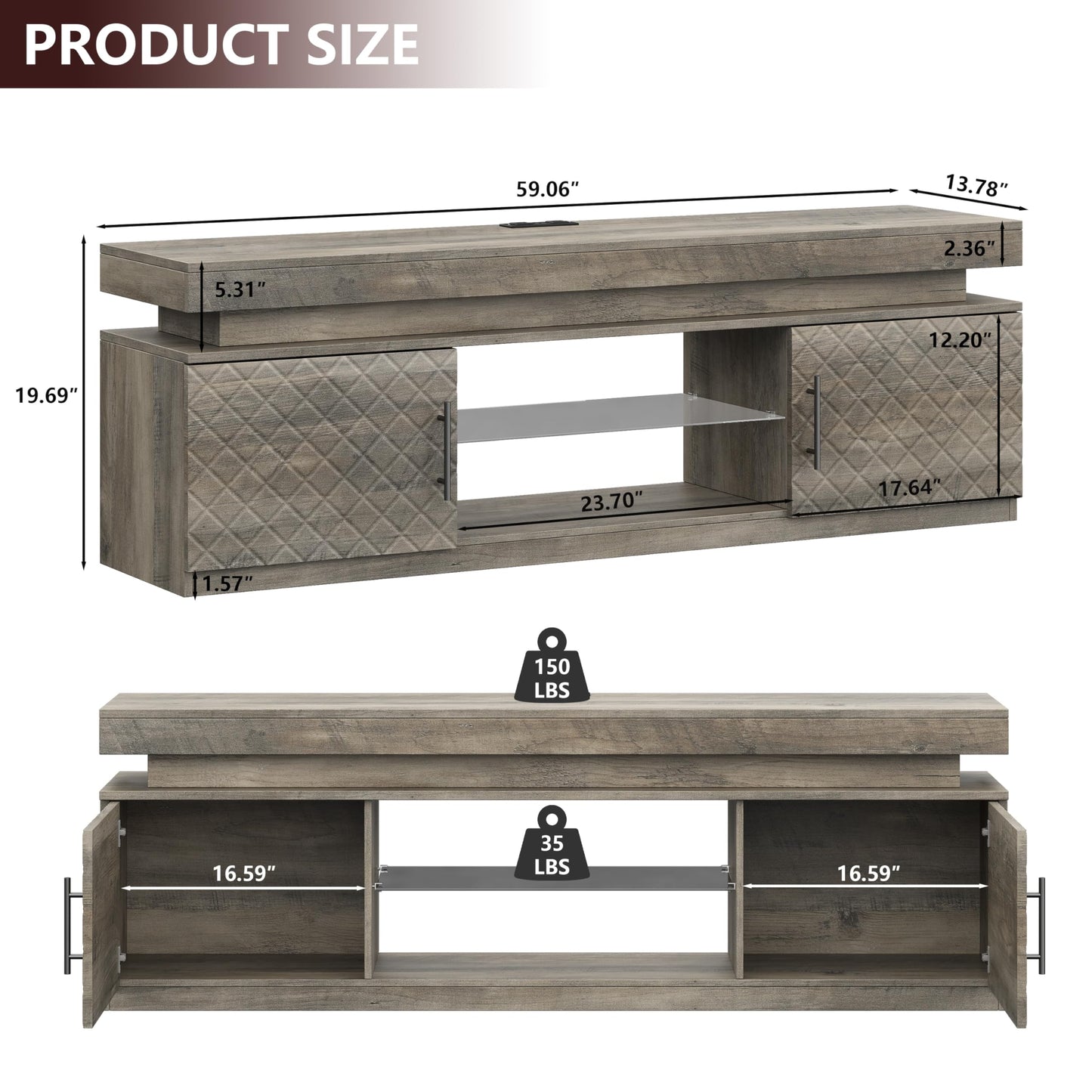 BOXACTION TV Stand for TVs Up to 65 Inch, Entertainment Center with Power Outlet, RGB LED Lights, Adjustable Glass Shelf, Storage Cabinets, Media Console Table for Living Room, Grey
