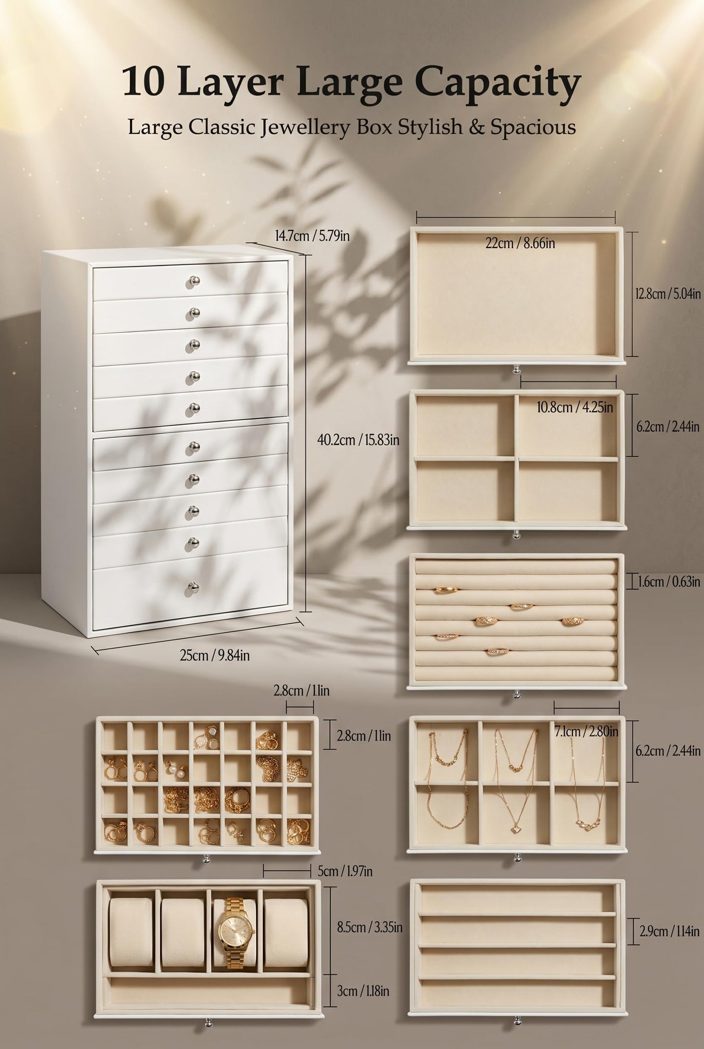 GUKA Large Jewelry Box, Jewelry Case with 10 Drawers for Big and Small Jewelry, Jewelry Storage Organizer for Watch Earrings Necklace Rings Bracelets, Birthday Wedding Gifts, White