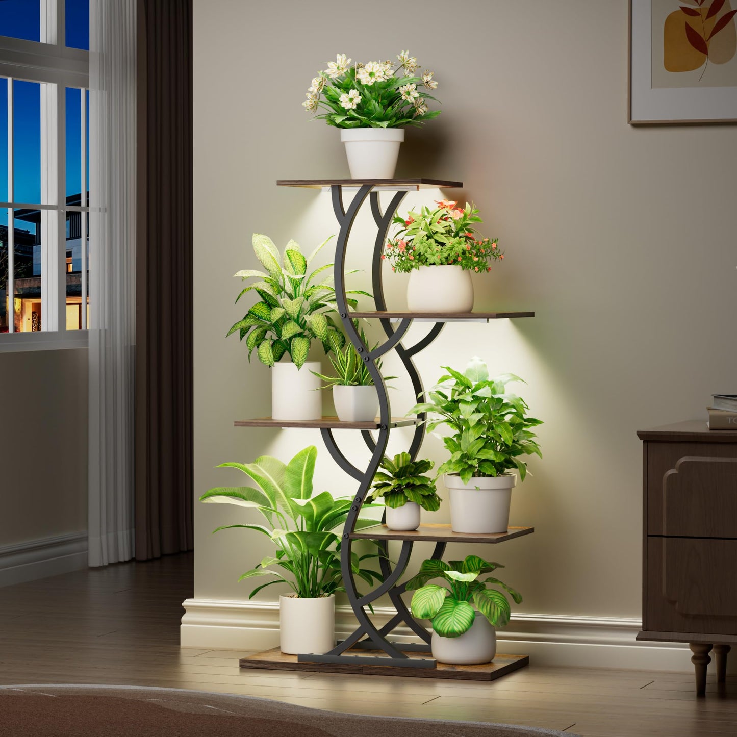 Plant Stand Indoor with Grow Lights - 5 Tiered Corner Plant Shelves (Black)