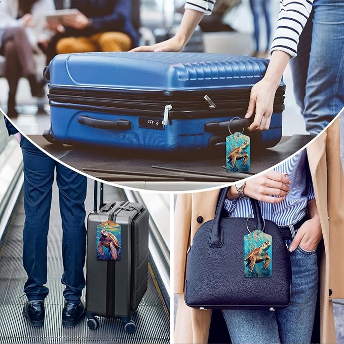 2 Pack Luggage Tag for Suitcase,Colorful Sea Turtle Luggage Tag with PU Leather Privacy Cover ID Label & Stainless Steel Loop for Women Men Travel Bag Suitcase