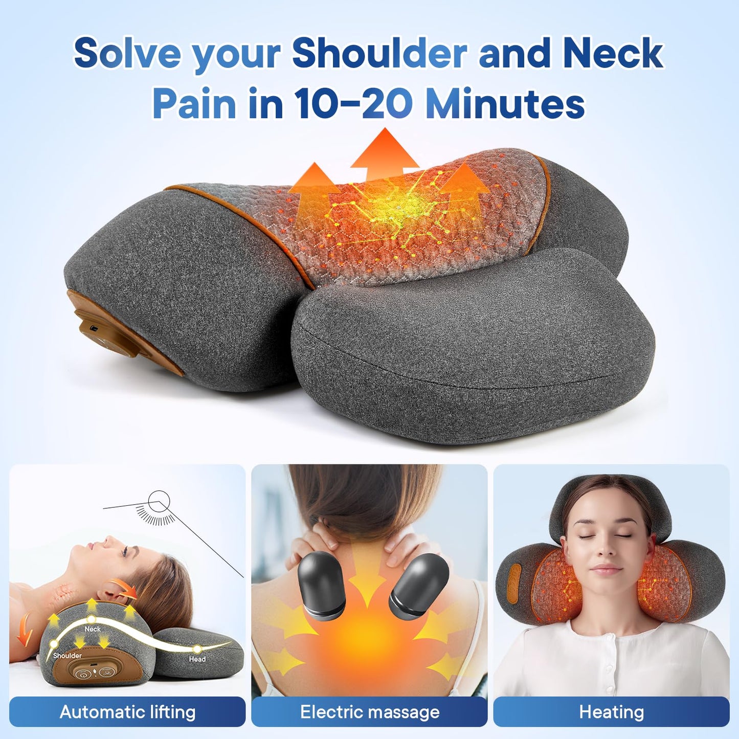 GIFEY 3-in-1 Rechargeable Neck Massager Pillow with Heat, Vibration & Traction, Deep Tissue Pain Relief, Neck Hump Corrector & Cervical Support for Home Office Travel (Light Gray)