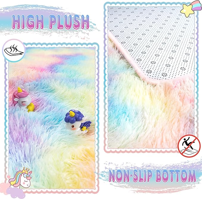Ultra Fluffy Area Rugs for Living Room Bedroom, 6x9 Fuzzy Large Living Room Rugs, Thick Shag Rug for Dorm, Soft Non Slip Kids Girls Boys Rug for Home Decor Aesthetic, Rainbow
