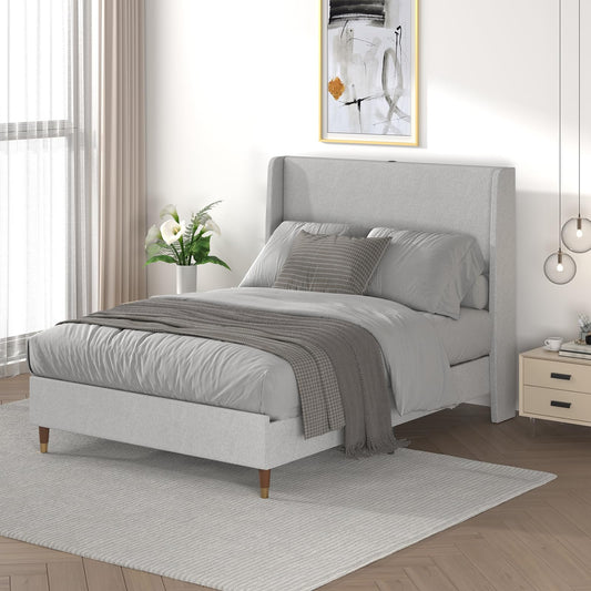 MALOL Full Bed Frame with Upholstered Linen Headboard, Platform Bed with USB Charging Ports, Sturdy Metal Frame, No Box Spring Required, Quiet Noise-Free Modern Bedroom Furniture, Grey