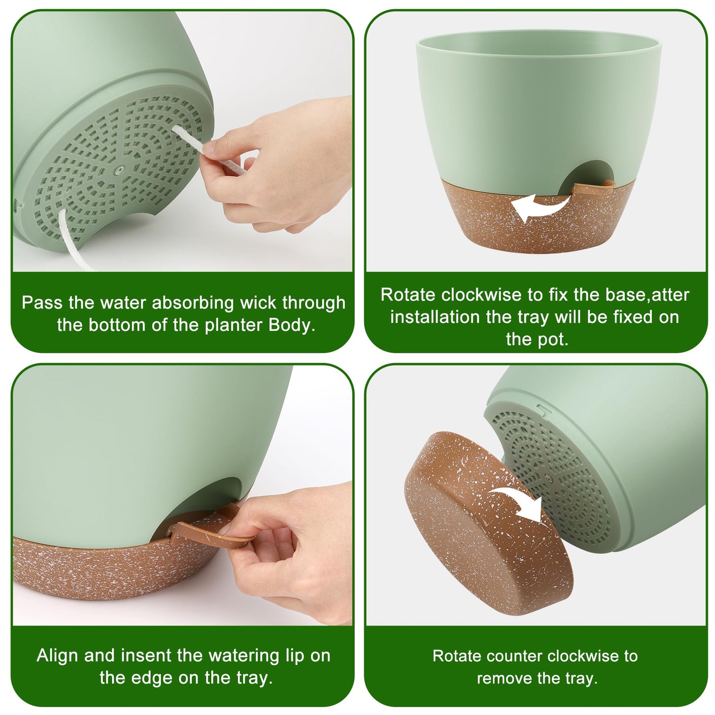 QRRICA Plant Pots 10/9/8 Inch Self Watering Pots, Set of 3 Plastic Planters with Drainage Holes and Saucers,Plastic Flower Pots,Nursery Planting Pot for Indoor Out Door Plants（Green）