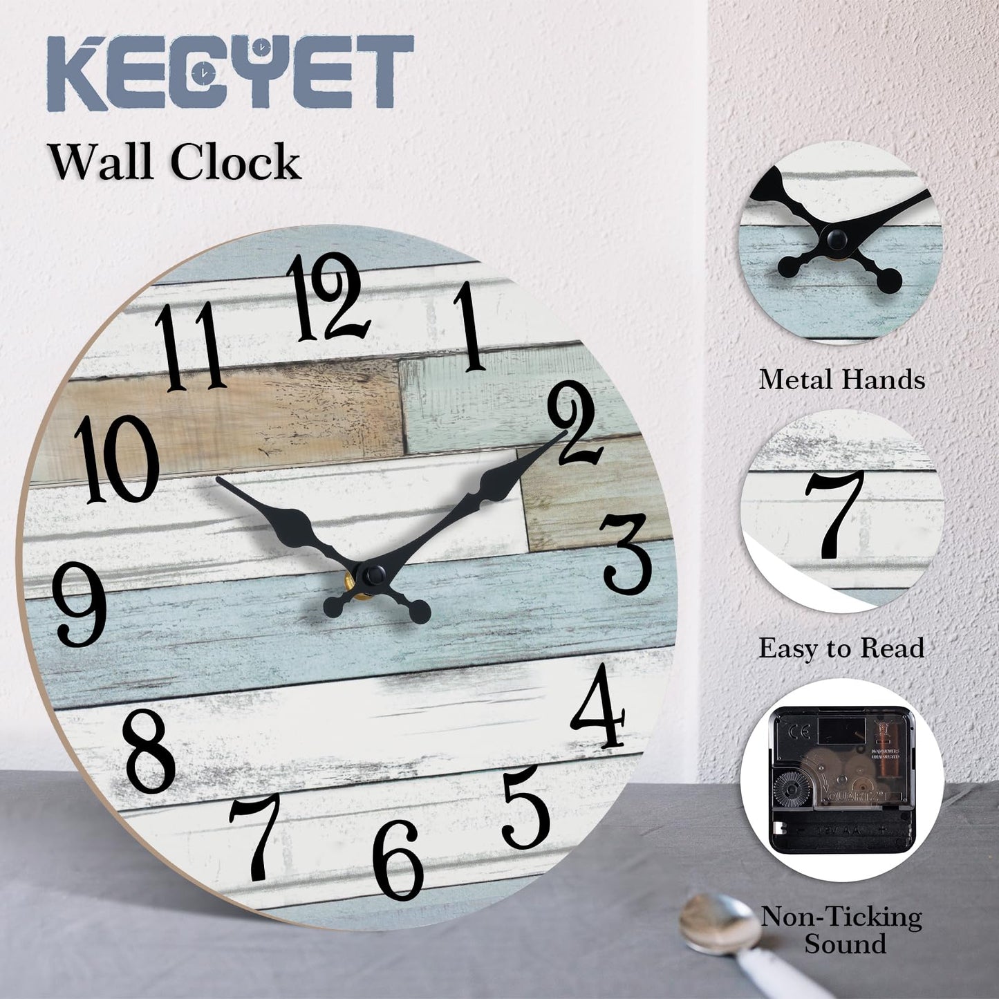 KECYET Wall Clock Battery Operated 16 Inch Large Silent Non Ticking Coastal Design Country Rustic Retro Decorative for Bathroom Kitchen Living Room Bedroom