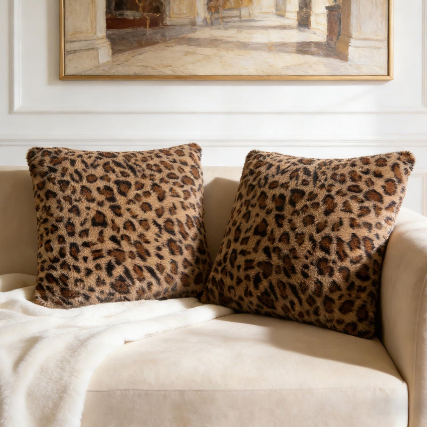 Waiyear Cheetah Print Throw Pillow Covers Faux Fur Leopard Pillow Covers 18x18 Soft Fluffy Cushion Cases for Couch Sofa Bedroom Living Room Decor, Brown Set of 2