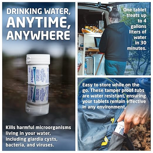 Aquatabs Water Purification Tablets (397mg, 100 Pack). Water Filtration System for Camping, Boating, Emergency Water, Survival Kit, and Marine. Easy-To-Use Water Purifier Treatment.