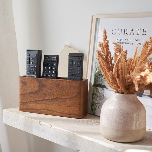 KIBAGA Premium Wooden Remote Control Holder - Easy Install Adhesive Wall Mount Caddy Keeps 3-4 TV Remotes Neatly Organized - Stylish Natural Wood Organizer is Perfect for Any Bed Or Living Room Wall