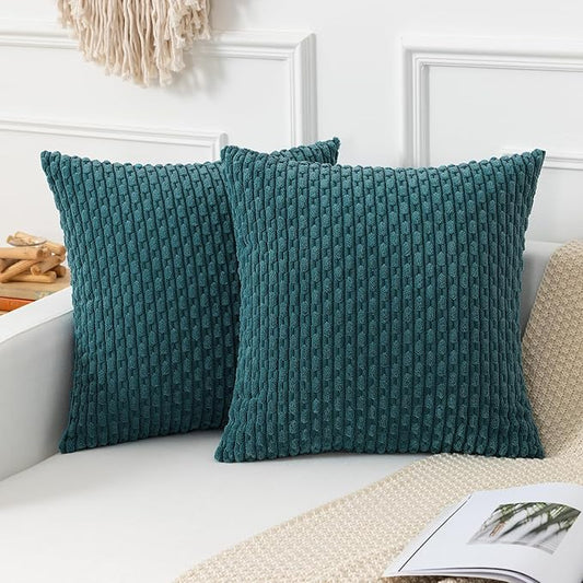 Kevin Textile Throw Pillow Covers Soft Corduroy Decorative Set of 2 Boho Striped Pillow Covers Pillowcases Farmhouse Home Decor for Couch Bed Sofa Living Room 26x26 Inch Teal Blue