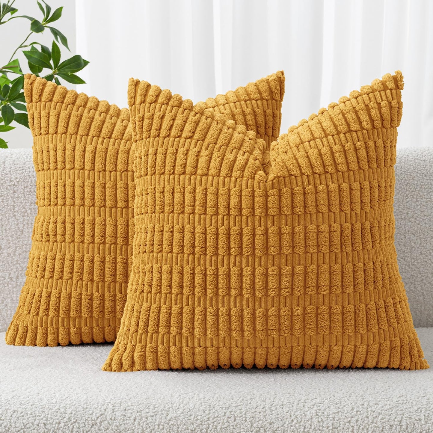 MIULEE Pack of 2 Corduroy Decorative Throw Pillow Covers 20x20 Inch Soft Boho Striped Pillow Covers Modern Farmhouse Home Decor for Summer Sofa Living Room Couch Bed Gold Yellow