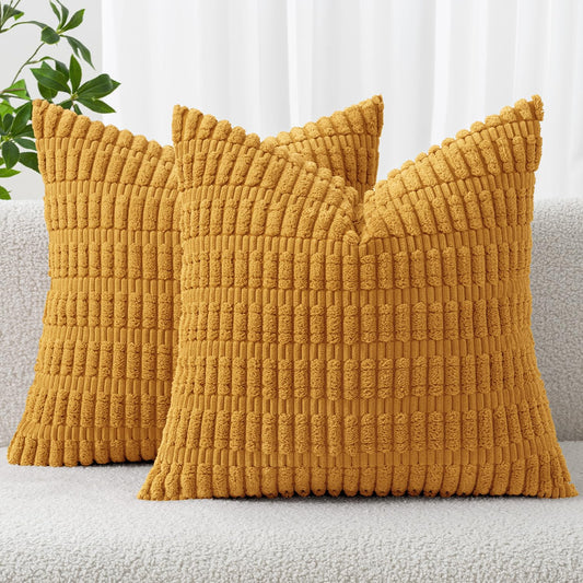 MIULEE Pack of 2 Corduroy Decorative Throw Pillow Covers 20x20 Inch Soft Boho Striped Pillow Covers Modern Farmhouse Home Decor for Summer Sofa Living Room Couch Bed Gold Yellow