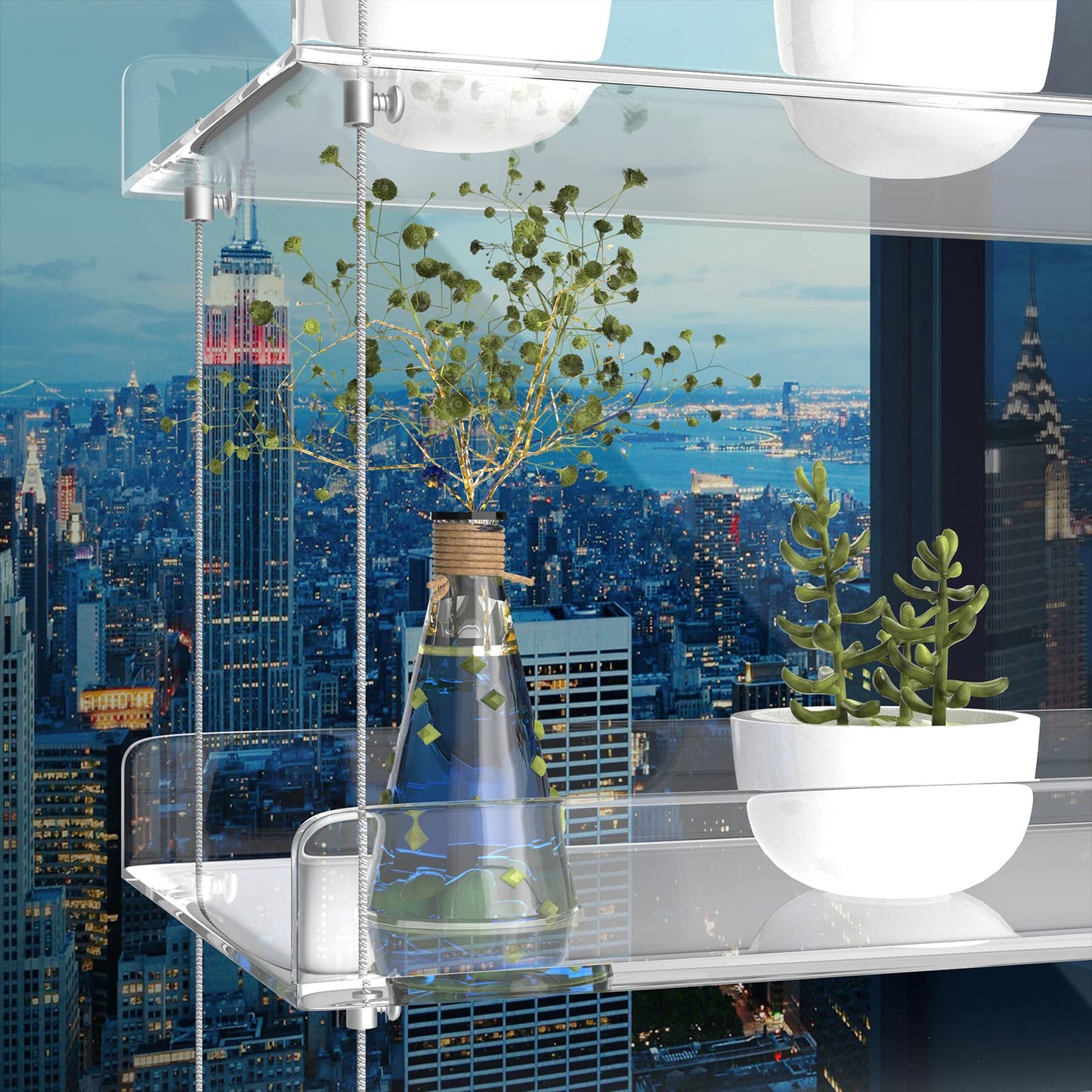 ZerzSemp 2-Pack Adjustable Clear Acrylic Plant Stands for Windows – 16" Transparent Hanging Window Plant Racks for Indoor Garden, Herbs, or Home Decor in Kitchen & Bedroom