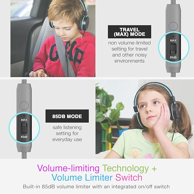 MEE audio KidJamz KJ55 USB-C Headphones for Kids w/LED Lights, Volume Limiter, Microphone On-Ear Wired Children's Headset for iPhone 15/16/17, iPad, Other USB Type C Devices (Plain Black)