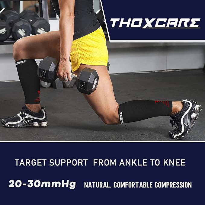 Thoxcare Calf Compression Sleeve for Men Women (2 Pairs), Leg Support Footless Compression Socks for Running - Shin Splint Varicose Veins Swelling & Pain Relief, Black/Red, Large