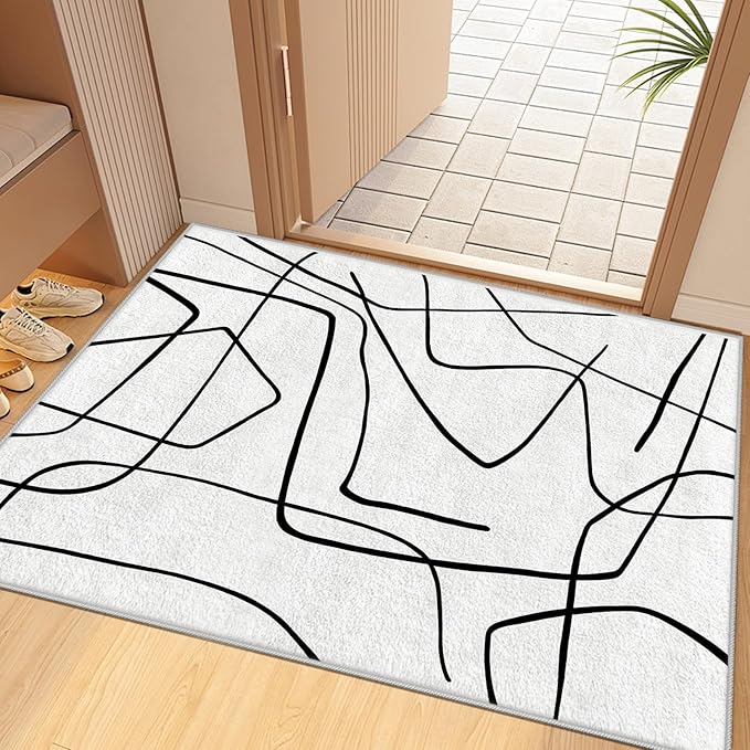 Black and White Rug - Abstract Area Rug, Black and White Rugs for Living Room, Modern Minimalist Washable Rugs, Contemporary Carpet Non Slip Home Decor, Curve 6x8