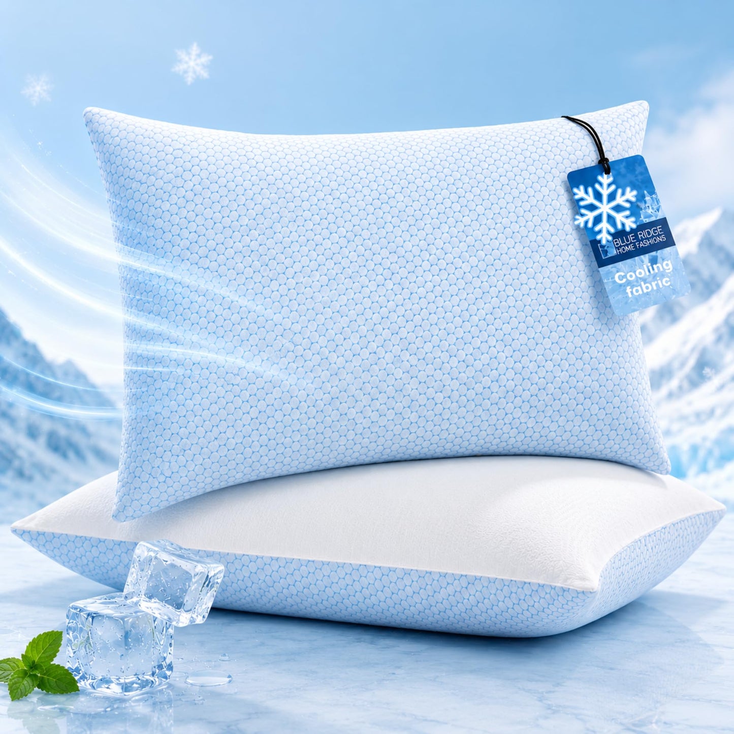 Blue Ridge Home Fashions Cooling Pillows King Size Set of 2, Dual-Sided Cooling & Breathable Cotton Design, Down Alternative Pillows for Hot Sleepers, Soft Pillow for Side, Back & Stomach Sleeping