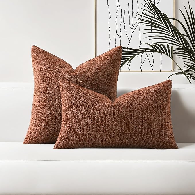 HAUSSY Set of 2 26x26 Decorative Throw Pillow Covers, Soft Cozy Euro Pillow Shams Textured Boucle, Home Decor for Couch Bed Living Room, Rust