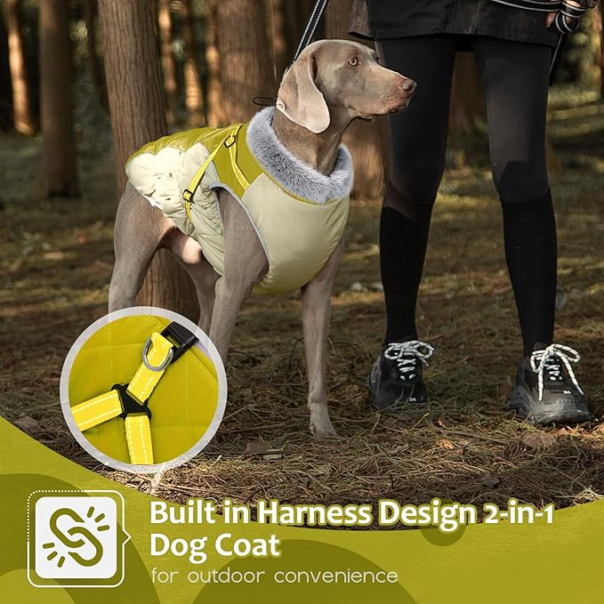 Abuandi Dog Winter Coat with Harness, Dog Jacket, Pet Clothes with Zipper on Back, Waterproof Windproof Warm Vest, Reflective Cold Weather Coats, for Small Medium Large Dogs, Thick, Green, L