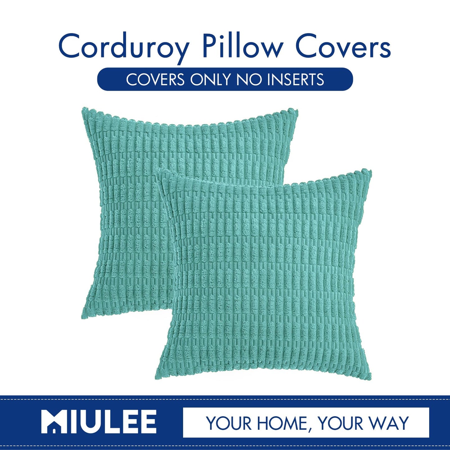 MIULEE Pack of 2 Corduroy Decorative Throw Pillow Covers 20x20 Inch Soft Boho Striped Pillow Covers Modern Farmhouse Home Decor for Summer Sofa Living Room Couch Bed Aqua Green