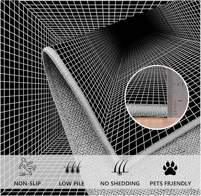 Optical Illusion Rug - Washable Rugs 6x8, Abstract Geometric Lines Soft Neutral Indoor Floor Mats Plaid Carpet, Non-Slip Stain Resistant Modern Black Rug for Bedroom, Living Room Rugs