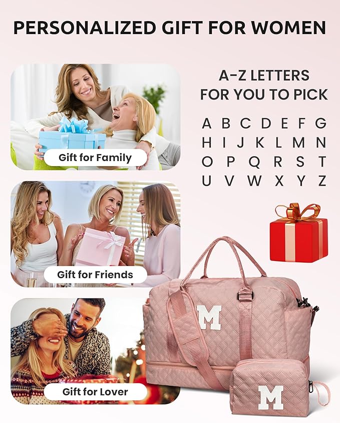 Vogewood Initial Duffle Bag with Shoe Compartment, Personalized Weekender Bag, Monogram Overnight Bag for Women with Trolley Sleeve & Wet Pocket, Letter Travel Bag with Makeup Bag (Letter D), Pink