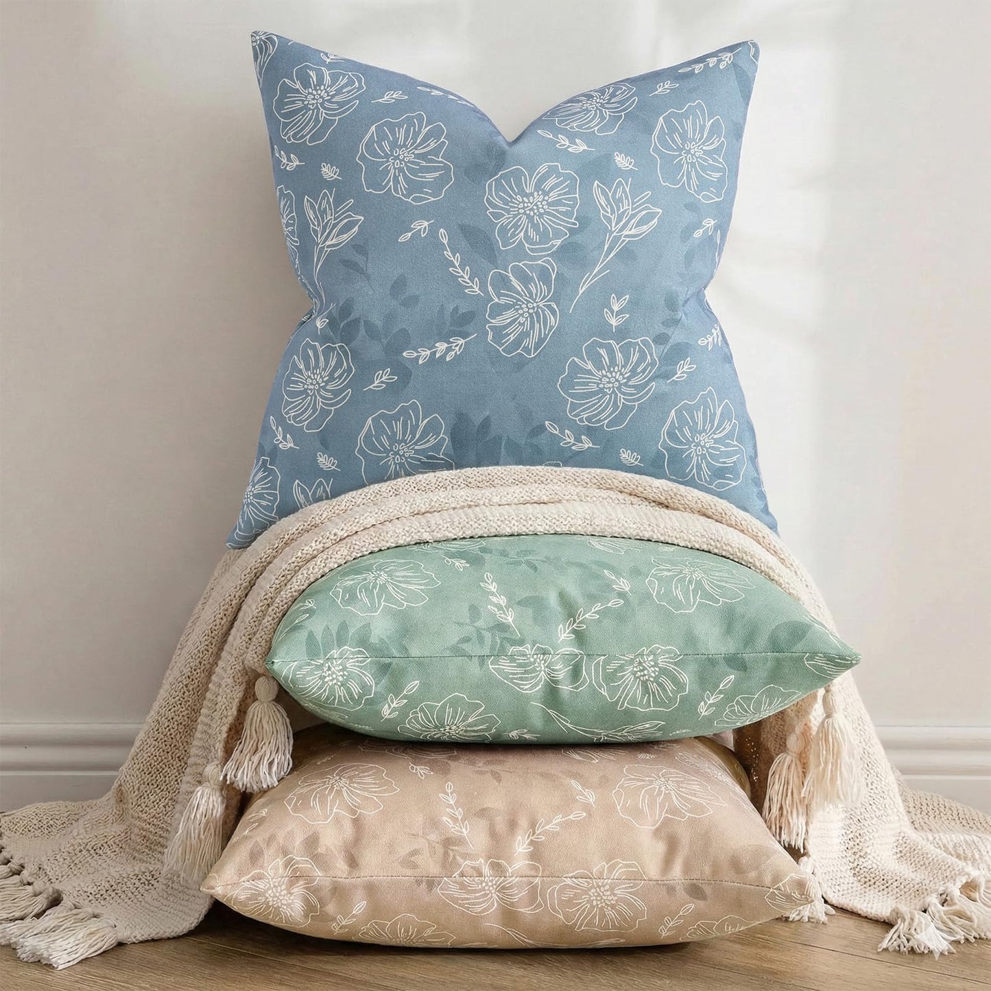 decorUhome Floral Botanical Pillow Covers 24x24 Set of 2, Faux Linen Decorative Throw Pillow Covers with White Line Flower Print for Couch Sofa Bed, Blue