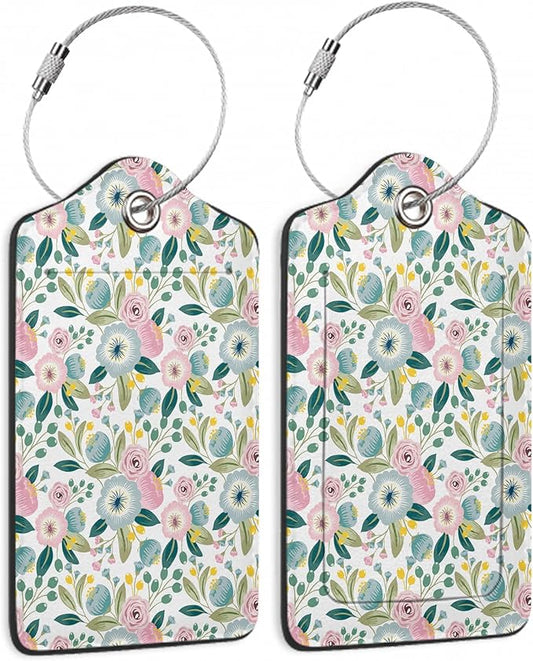 Set of 2 Luggage Tags for Suitcases, Leather Groovy Flower Baggage Tags with Stainless Steel Loop, Privacy Name ID Card Cover Kawaii Travel Labels for Women Men Kids Girls