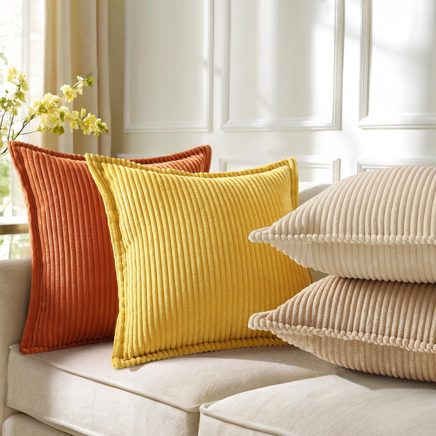 decorUhome Summer Corduroy Beige Euro Sham Throw Pillow Covers 24x24 Set of 2 Decorative Soft Boho Farmhouse Couch Pillow Covers for Living Room Bed Sofa Broadside Striped Pillow Cases