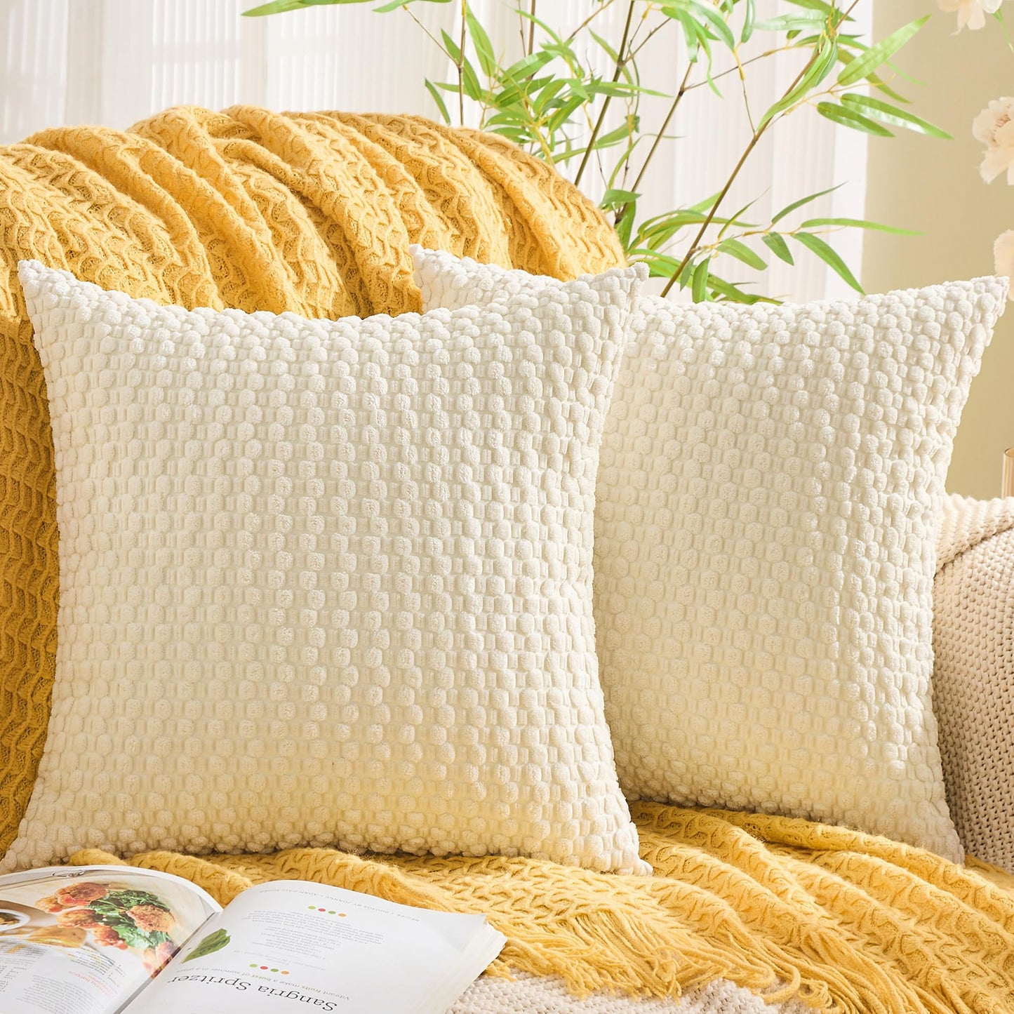 GAWAMAY Decorative Throw Pillow Covers 24x24 Inch Set of 2 for Living Room Couch Bed Sofa, Farmhouse Square Cushion Cover Soft Striped Corduroy Pillow Cases Boho Home Decor (60x60cm) Cream White