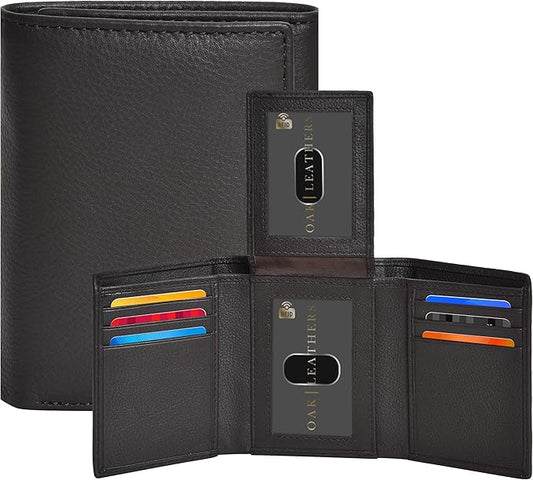 Real Leather Mens Trifold Wallet RFID Blocking Slim Minimalist Front Pocket - Thin & Stylish with ID Window in Gift Box