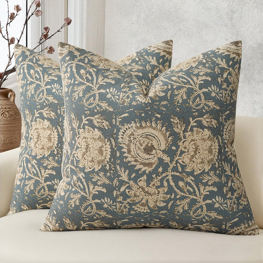 DKwizme Vintage Floral Print Throw Pillow Covers 18x18 Set of 2 Neutral Modern Farmhouse Pillowcase Accent Decorative Cushion Covers Boho Home Decor for Couch Sofa Chair Bed Living Room, Dusty Blue