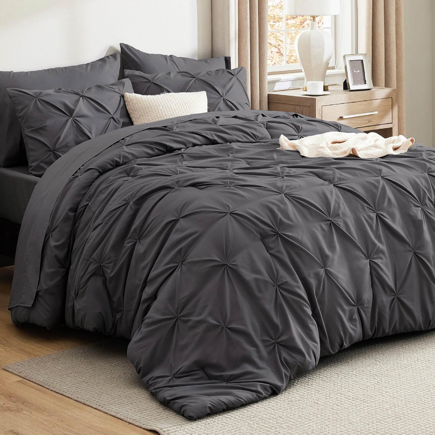 Bedsure Queen Comforter Set Dark Grey - Bed in a Bag Queen Size Bedding 7 Pieces, GentleSoft™ Pintuck Bed Set Gift for Family, All Season Down Alternative Comforter with Sheets, Pillowcases & Shams