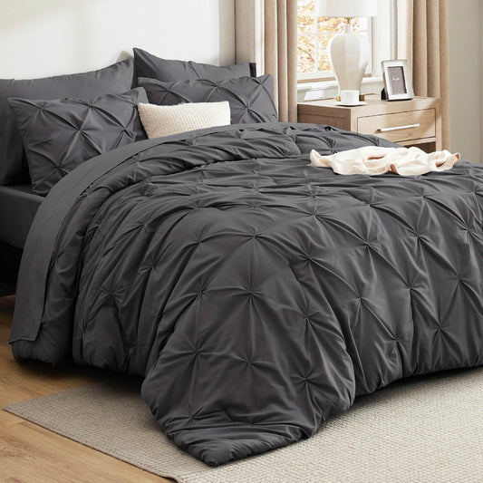 Bedsure Queen Comforter Set Dark Grey - Bed in a Bag Queen Size Bedding 7 Pieces, GentleSoft™ Pintuck Bed Set Gift for Family, All Season Down Alternative Comforter with Sheets, Pillowcases & Shams
