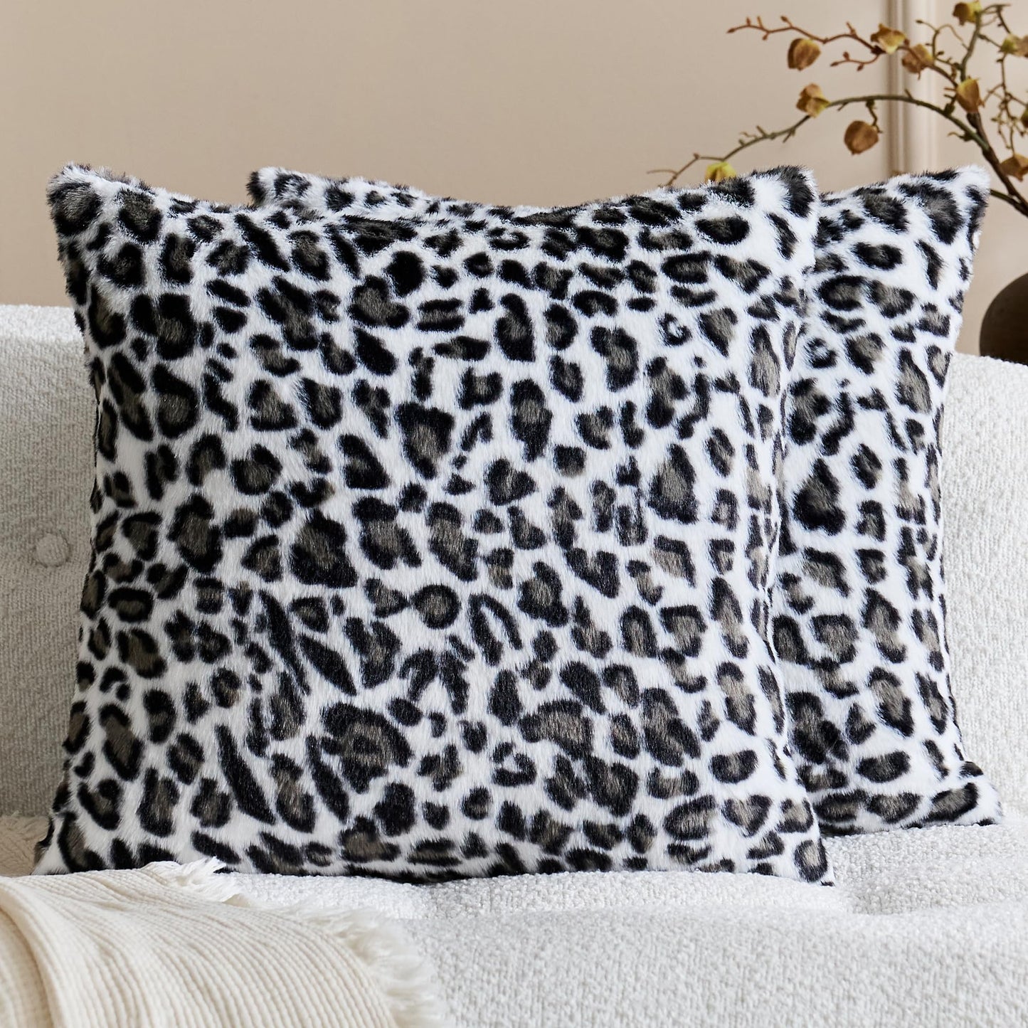 KINDREX Leopard Print Faux Fur Pillow Covers 18x18 Set of 2, Cloud-Like Soft & Fluffy Cheetah Cushion Cases, Eye-Catching Decor for Living Room Sofa Bedroom Decor, White