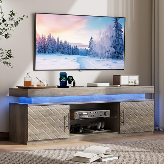 BOXACTION TV Stand for TVs Up to 65 Inch, Entertainment Center with Power Outlet, RGB LED Lights, Adjustable Glass Shelf, Storage Cabinets, Media Console Table for Living Room, Grey