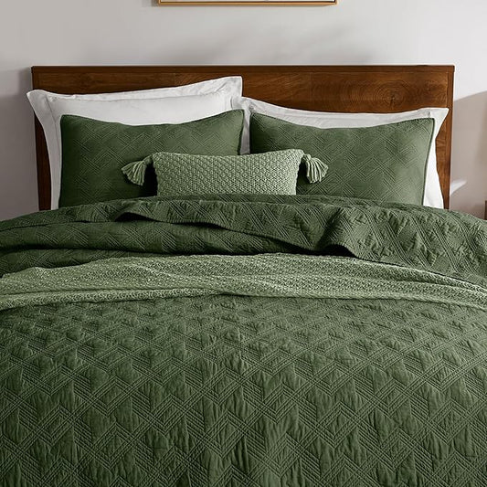 WDCOZY 100% Cotton Oversized King Quilt Set - Olive Green California Cal King Size Soft Lightweight Modern Bedspread, Farmhouse Country Rustic Coverlet, Textured Like Linen, Shabby Chic Bedding