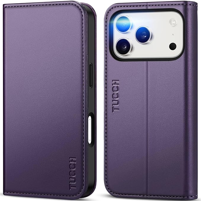 TUCCH Wallet Case for iPhone 17 Pro (6.3") 2025, 3 Credit Card Slot | RFID Blocking | Stand | PU Leather | Protective Flip Folio Cover | Shockproof TPU Interior Shell | Dark Purple