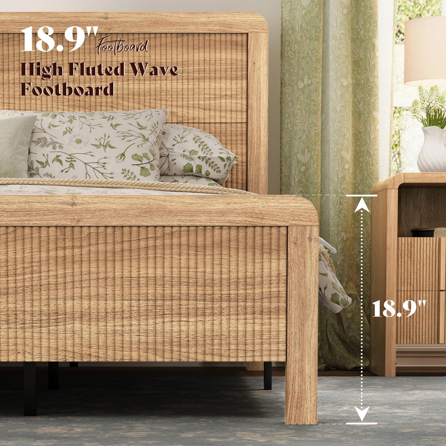 AMERLIFE 3-Piece Modern Fluted Bedroom Furniture Set, Including Wood Queen Size Bed Frame with Headboard & Footboard and Storage Night Stand Set of 2, Wooden Bedframe and Nightstand Sets, Natural Oak