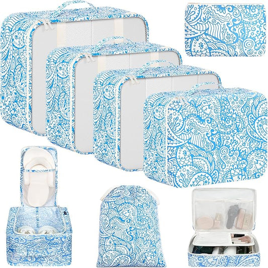BAGAIL 8 Set Packing Cubes Luggage Packing Organizer Bags for Travel Accessories-Blue paisley