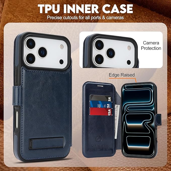 CIVICASE for iPhone 17 Pro Max Wallet Case with Stand,PU Leather Flip Credit Card Holder Slots (RFID Blocking),Compatible with Magsafe Magnetic Holder Phone Cover Women Men,Blue
