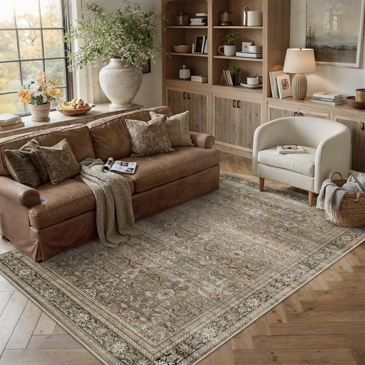 Schweek Brown 5x7 Area Rug for Living Room Washable Vintage Neutral Distressed Area Rugs Non Slip Low Pile Stain Resistant Indoor Carpet Floral Throw Rug Soft for Bedroom Dining Room Kitchen Office