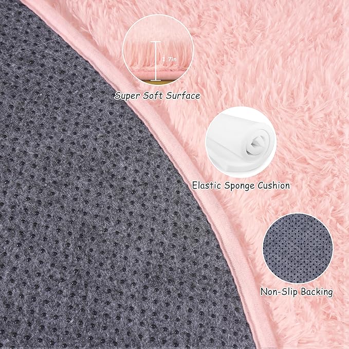 Round Fluffy Rugs 4Ft for Girls Bedroom, Pink Shag Circle Kids Rug Non-Slip for Bedside Dorm Nursery Playroom, Soft Cute Area Rugs for Living Room Decor