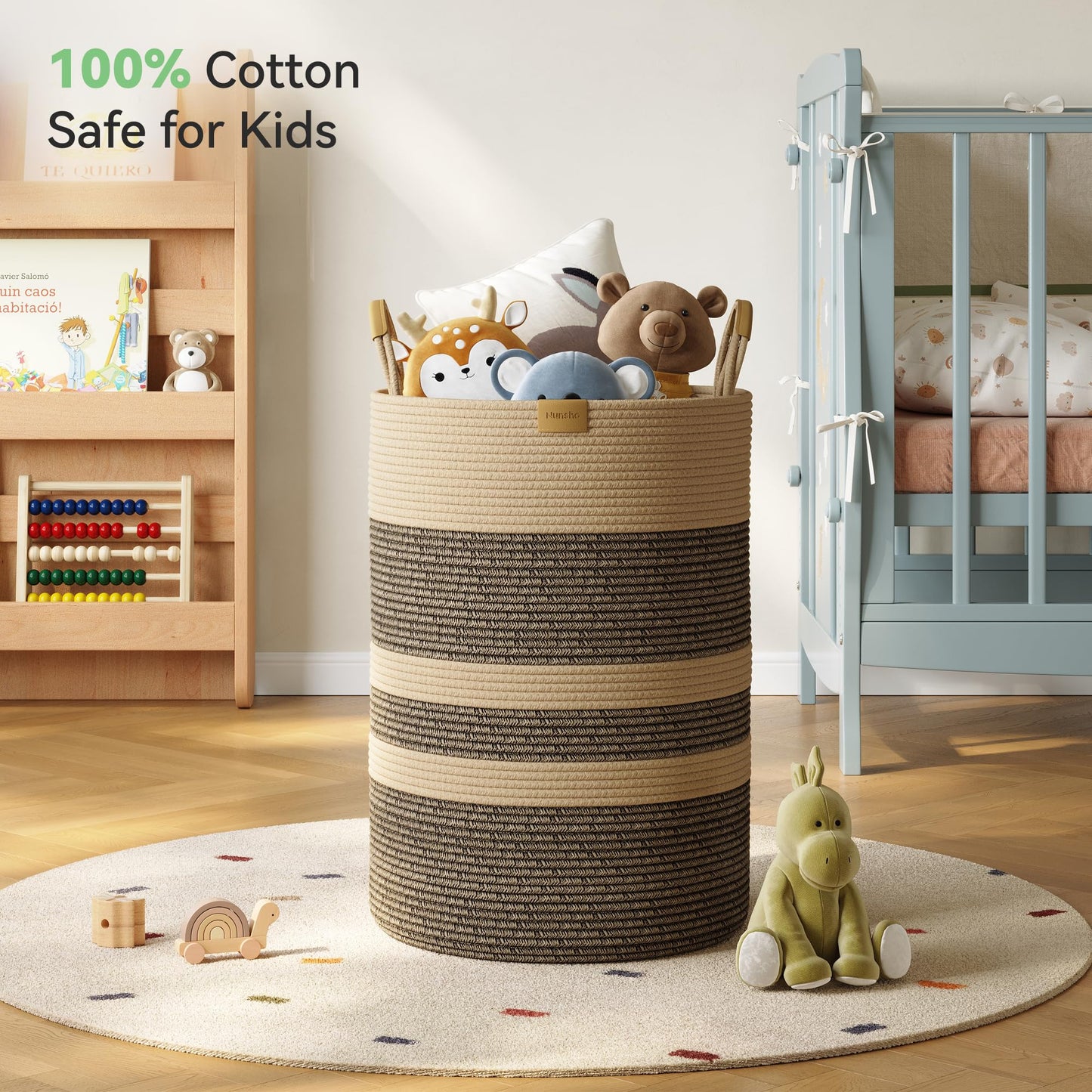 Nunsino 95L Striped Laundry Hamper with Leather Handles,Large Foldable Laundry Basket for Clothes,Cotton Rope Storage Bin for Blankets,Woven Clothes Basket for Bedroom,Dark Brown Stripes
