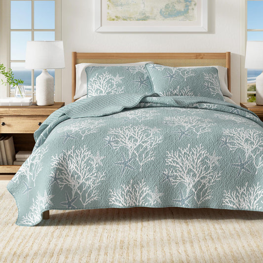 Great Bay Home Coastal Quilt Set - 3-Piece Full/Queen Size Nautical Bedding Set - Lightweight, All-Season, Reversible Bedspread (Ether Blue)